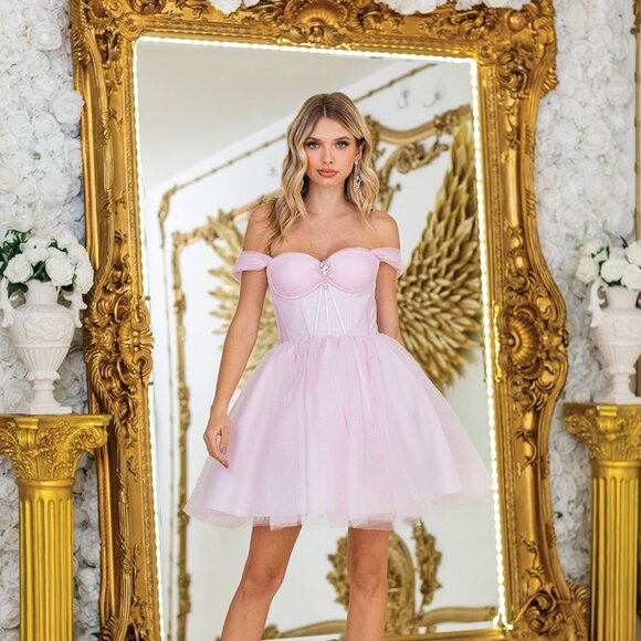 New Blush Off The Shoulder Fit & Flare Homecoming Dress w/ Boned Bodice DQ 3394 - Picture 3 of 9